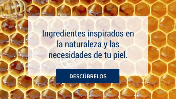 Imagen con un fondo de un panal y dos abejas. La miel ingredientes inspirados en la naturaleza de los productos G&H para el cuidado corporal.