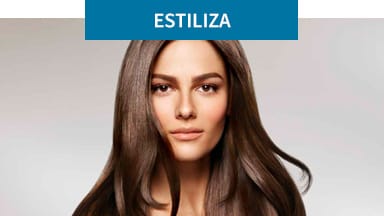 La imagen de fondo muestra a una mujer luciendo su cabello castaño oscuro estilizado. Productos Satinique para el cuidado del cabello.